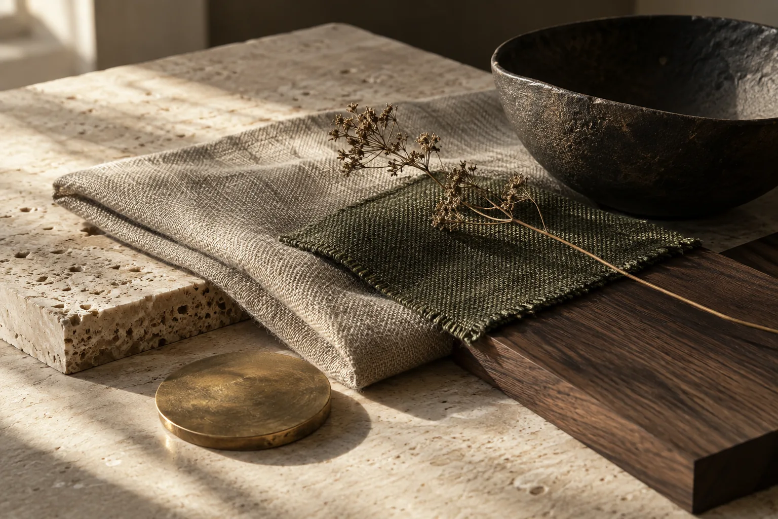 Travertine, walnut, oatmeal linen, olive fabric and aged brass arranged in soft natural light